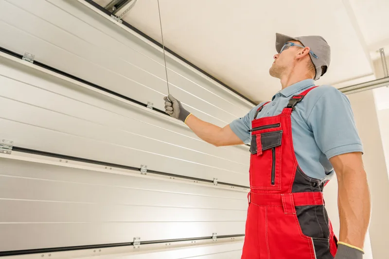 Technician checking the manual operation of a sectional garage door